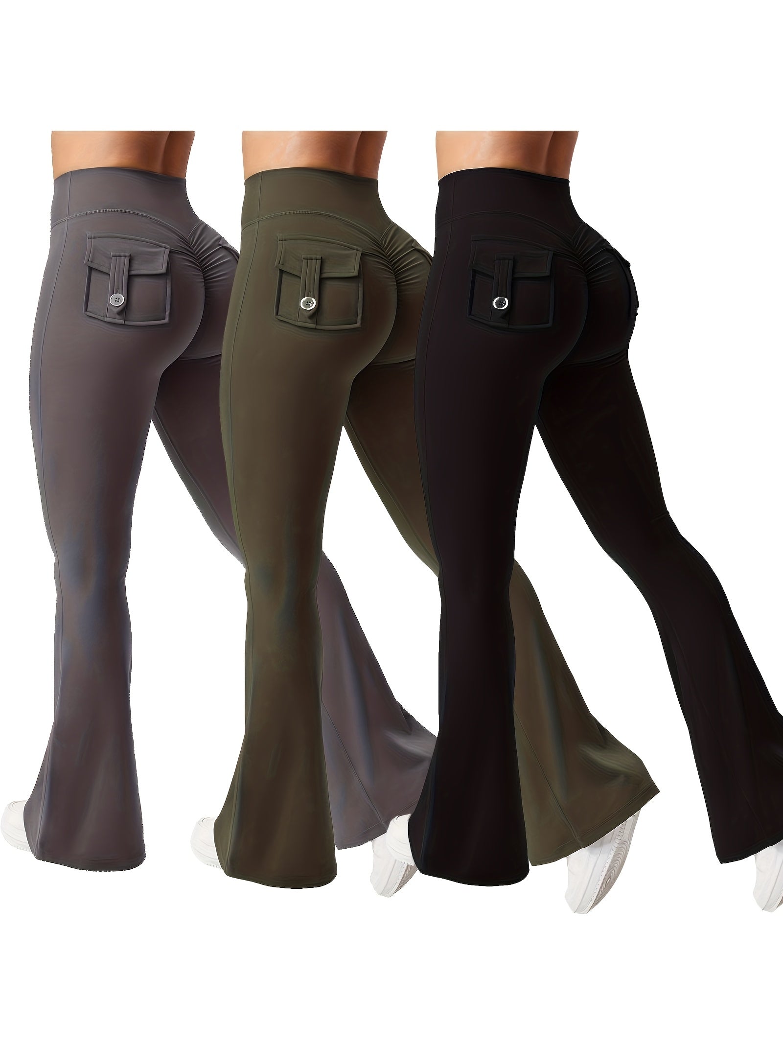 3pcs Of Black, Gray And Green Fashionable Workwear Style Bell Bottoms, Women's Casual Bell Bottoms, High Waist Pocket Sportswear, Work Style Peach Hip Pants, Sports Quick-drying Tummy Control Butt Lifting Trousers Flare L